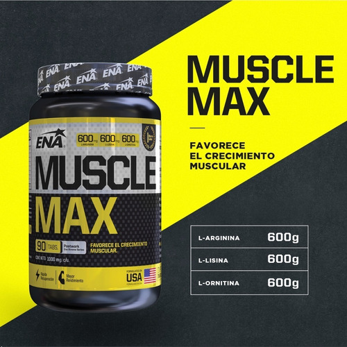 Imagen 2 de 7 de Muscle Max X 90 Ena Arginina Lisina Ornitina Oxido Nitrico Recuperador