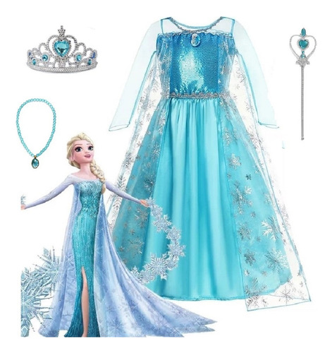 Disfraz Niña Vestido  Frozen Elsa  + Corona + Cetro + Collar
