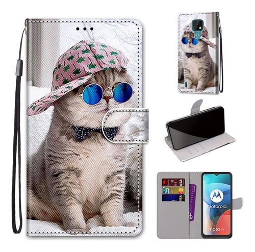 Funda De Piel Slant Hat Blue Mirror Cat Para Motorola Moto E