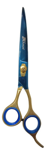 Tesoura De Cortar Cabelo Fio Laser Azul E Dourada 8,5 Curvad