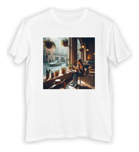 Remera Hombre Chica Tomando Cafe Plantas Bar Relax Paz