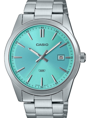 Reloj Casio Standard MTP-VD03D-2A3UDF con correa plateada y bisel plateado y fondo turquesa