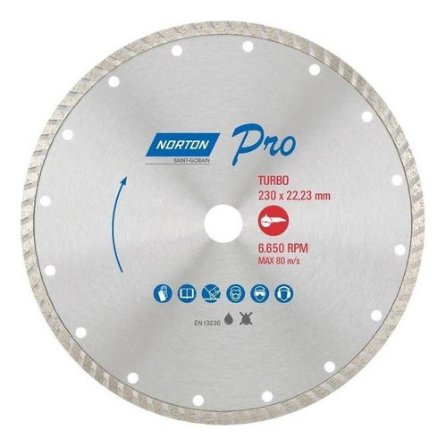 Disco Corte Diamantado 9 Pol 230 X 22,23 Mm Pro Turbo Norton