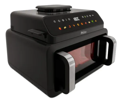 Fritadeira Air Fryer Philco PAF11C preta, vista lateral-direita, com a porta do cesto entreaberta e painel digital ligado, exibindo 180°C.