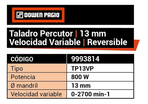 Taladro Percutor 13 Mm 800 Watt 2700 Rpm Dowen Pagio Calidad