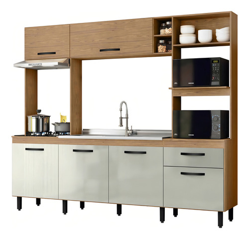 Cozinha Compacta Zoe 6 Portas 1 Gaveta Freijó/off White - Cor Bege