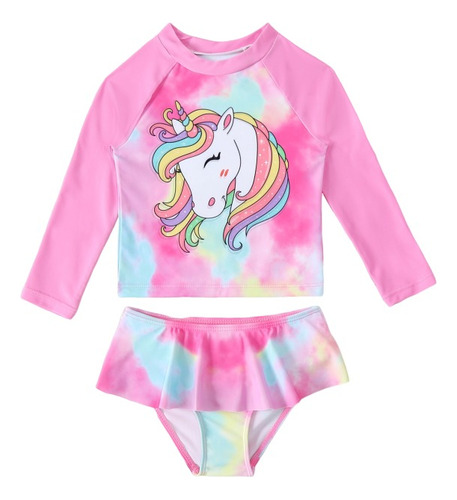 Traje De Baño Para Niñas 2 Piezas Manga Larga Unicornio