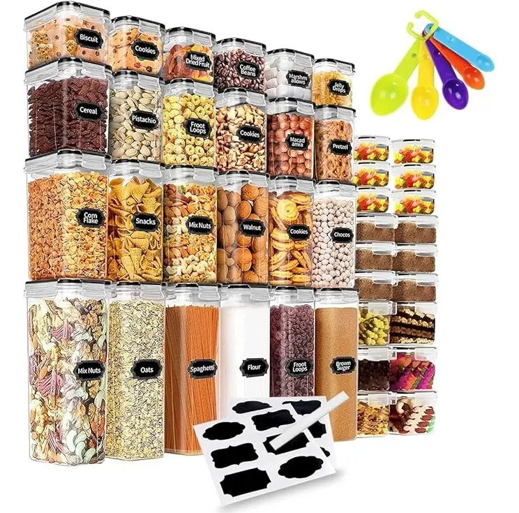 Juego de 42 Recipientes Hermeticos de plástico para alacena, Alimentos Sin Bpa Salud Color Transparente a pureba de fugas con tapa