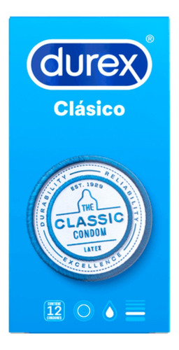 Durex Clásico 12 Condones Preservativos Látex Lubricados