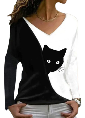 Camiseta De Manga Larga Con Estampado De Cara De Gato Negro