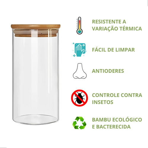 Kit 2 Potes Herméticos Vidro Tampa Bambu 800ml Mantimentos