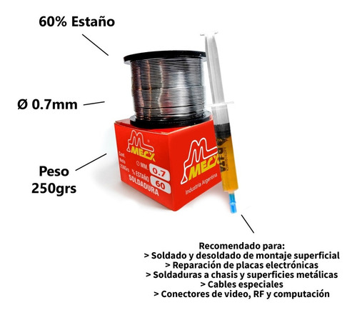 Imagen 2 de 5 de Estaño 0.7 Mm 250gr 60/40 Meck + Contac Flux E. Delta