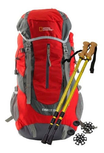 Set Trekking Bastones Y Mochila Roja Natgeo Everest 55l