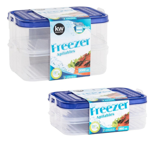 Juego 2 Combos Plasticos De Contenedores Freezer Color Agua