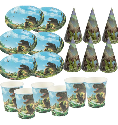  Gorros Vasos Platos De Dinosaurio 18 Unidades 