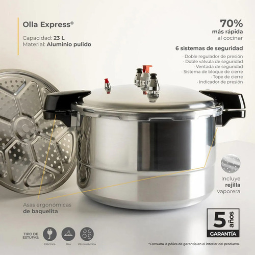Olla Express Ekco De 23lts 6 Sistemas De Seg. De Aluminio