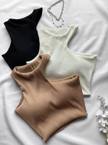Pack 3 Tops Mujer Asimétricos Rib, Negro Beige Blanco Moda Blanco/negro/camel Rayas M