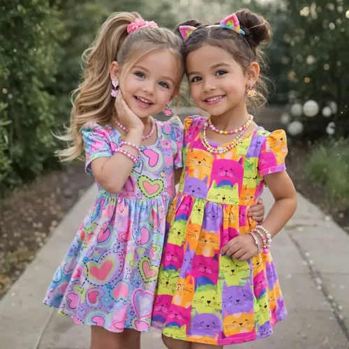 Kit 2 Vestidos Infantil - Estampado De Corações E Gatinhos