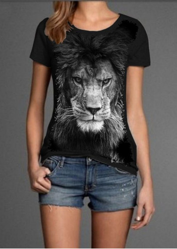 Blusa Fem. 5%off Animal Leão Negro Premium Exclusiva Top