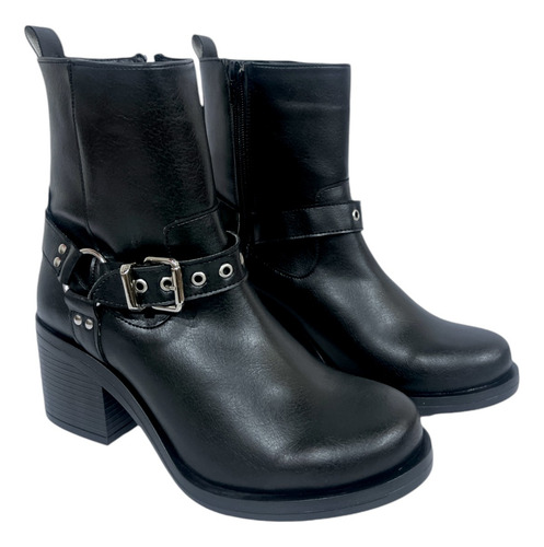 Botin Cierre Lateral Moda Biker Hebilla Tacón Ancho Urbanos