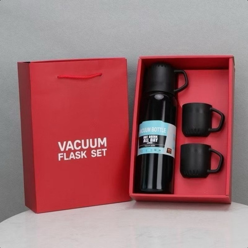 Garrafa Térmica 500ml Com Kit 3 Xícaras Café Chá Cor Preta