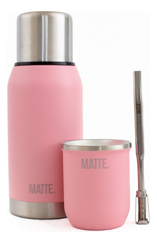 Set Termo Matte Pink 750cc + Mate Steel + Bombilla 