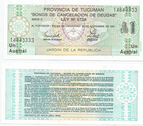 Bono Tucumán 1 Austral De 1988 Dec. 307/3 Ec. 100 S/c