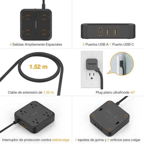 Regleta De Enchufe Plano Ultrafina, 4 Salidas, 3 Usb Tipo C