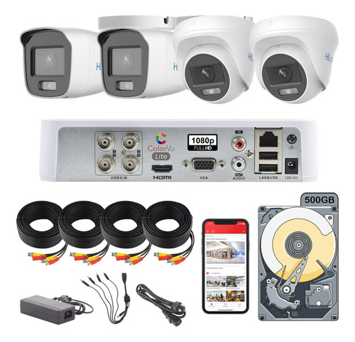 Kit Circuito Cerrado Hilook Colorvu 4 1080p Domo-bala 500gb Color Blanco