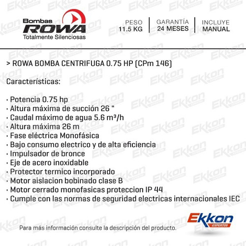 Imagen 2 de 8 de Bomba Elevadora Centrifuga Cpm 146 3/4 Hp Rowa