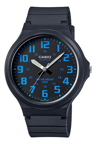 Reloj de pulsera Casio Youth MW-240-1E2V con cuerpo negro, analógico, para hombre, fondo negro, con correa de resina negra, fondo azul cielo, bisel negro y hebilla sencilla