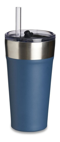 Copo Térmico Com Canudo De 500ml Para Suco E Refrigerante Cor Azul Liso
