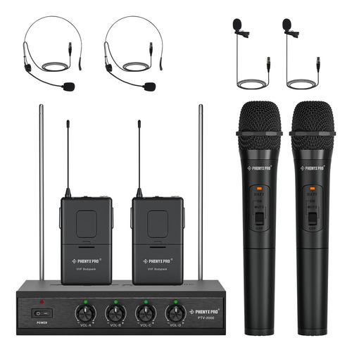 Sistema De Micrófono Inalámbrico Vhf 4 Canales Con 2 Micrófo