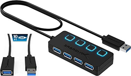 Sabrent - Hub Usb 3.0 De 4 Puertos Y Cable De Extensión Usb