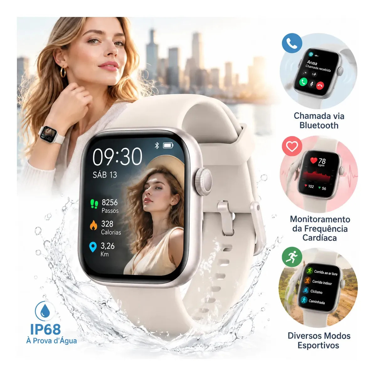 relogio smartwatch com À prova d'água IP68 Monitoramento de saúde Chamada Bluetooth Relógio inteligente esportivo para corrida adequado para homens e mulheres