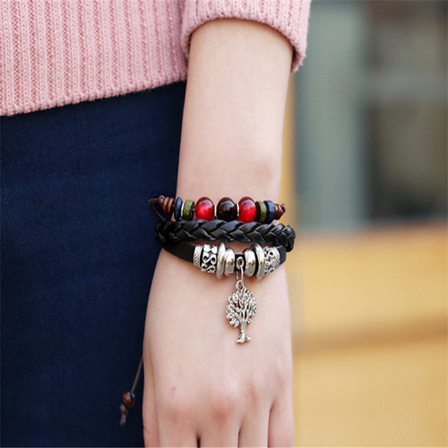 Pulsera De Cuero Genuino Con Cuentas