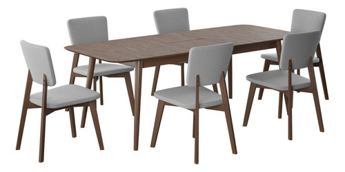 Juego De Comedor Extensible Rio De Madera Con 6 Sillas Diseño De La Tela De Las Sillas Gris Claro - Nogal