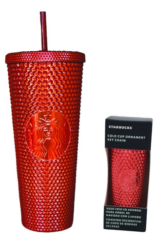 Vaso Starbucks Navidad Rojo Metálico + Llavero Vaso 