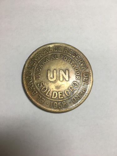 Moneda De Perú 1 Sol De Oro En Latón Año 1958 (Usado)