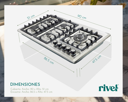 Parrilla Gas Rivel 5riv-lix90 Empotrable 5 Quemadores Color Plateado