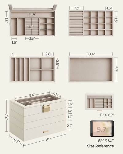 Songmics Caja Joyero Con 4 Bandejas Apilables, Caja De Joyas Grande, Tapa De Cristal Transparente, 17 X 28 X 18,3 Cm, Para Cajón De Tocador, Idea De , Blanco Mjbc164w01