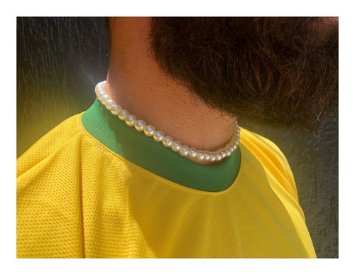 Colar Pérola Masculino Gargantilha + Pulseira Hype Ajustável Cor Branco