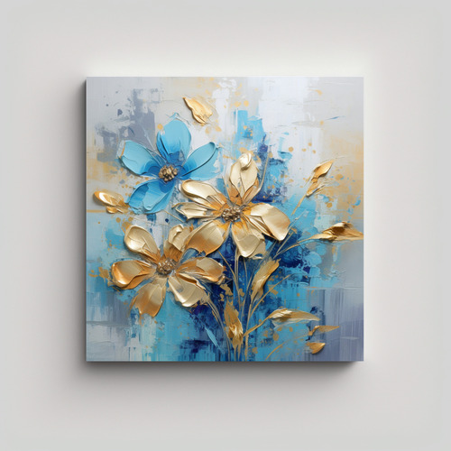 70x70cm Cuadro Arte Moderno En Tonos Dorados Y Azules Flores