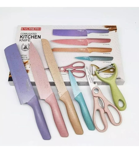 Evcrierh Kitchen Knife Utensílios De Cozinha Com Facas Coloridas E Tábua 7 Peças Cor Mesclado