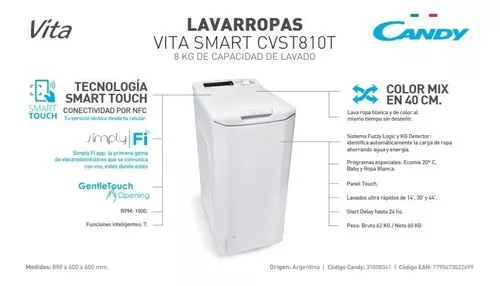 Lavarropas Candy Vita Smart 1000rpm