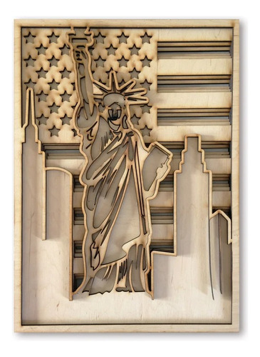 Cuadro Decorativo Estatua De La Libertad Usa Bandera Madera