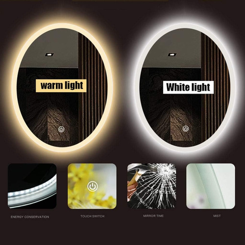 Espejo Ovalado Con Luz Led Táctil 80x60cm Bisel Difuminado Marco Blanco