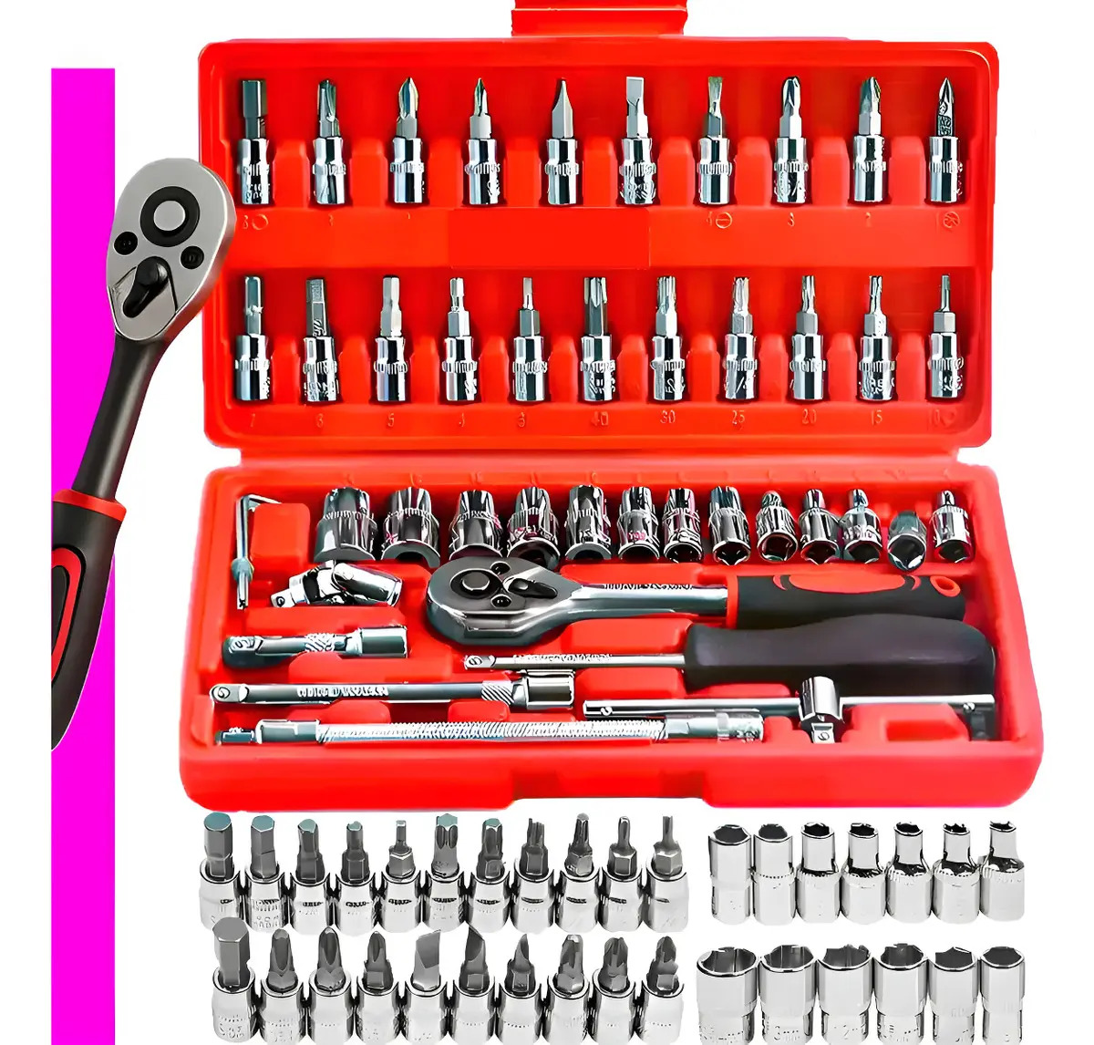 Kit Ferramenta 46 Peças Com Soquete E Catraca Reversível 1/4 Em Aço Crv, Jogo De Chaves Com Bits, Maleta De Ferramentas... Vermelho