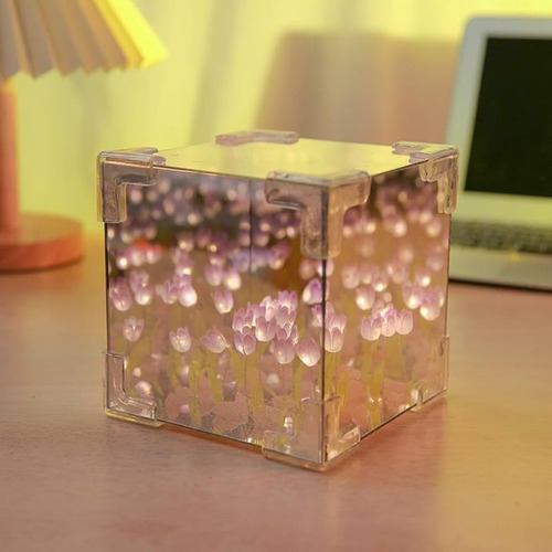 Lámpara De Tulipanes Infinitos Cubo Espejo Para Armar Naranja Claro Plateado
