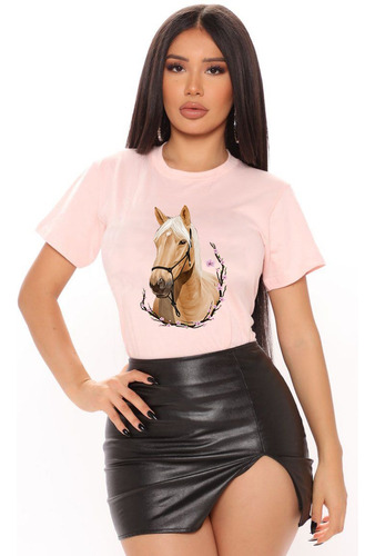 Polera Dama Estampada 100%algodon Caballo Con Flores 332